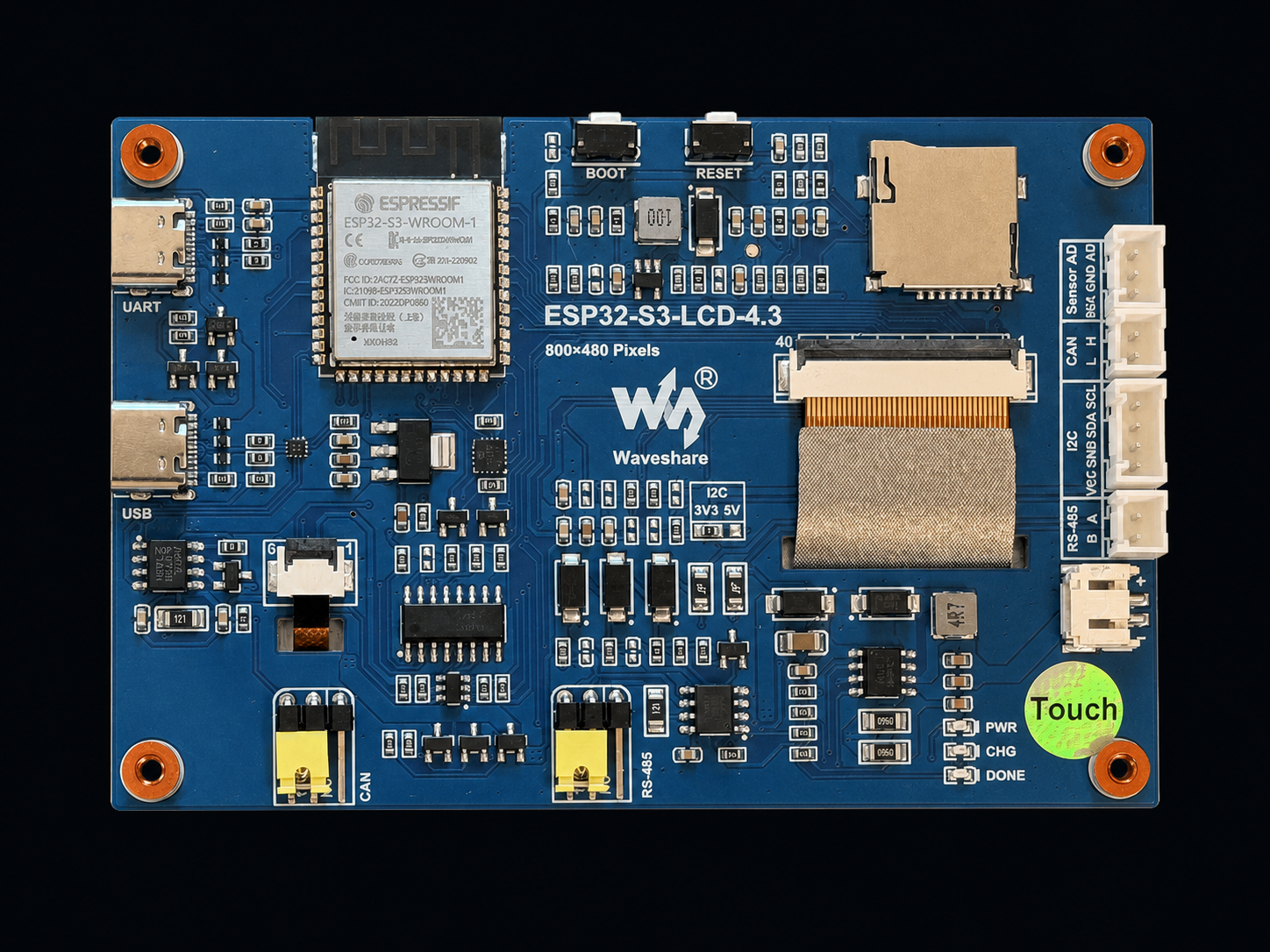 Back of the Waveshare ESP32-S3-Touch-LCD-4.3 board showing the S3 module, ribbon connector and edge ports